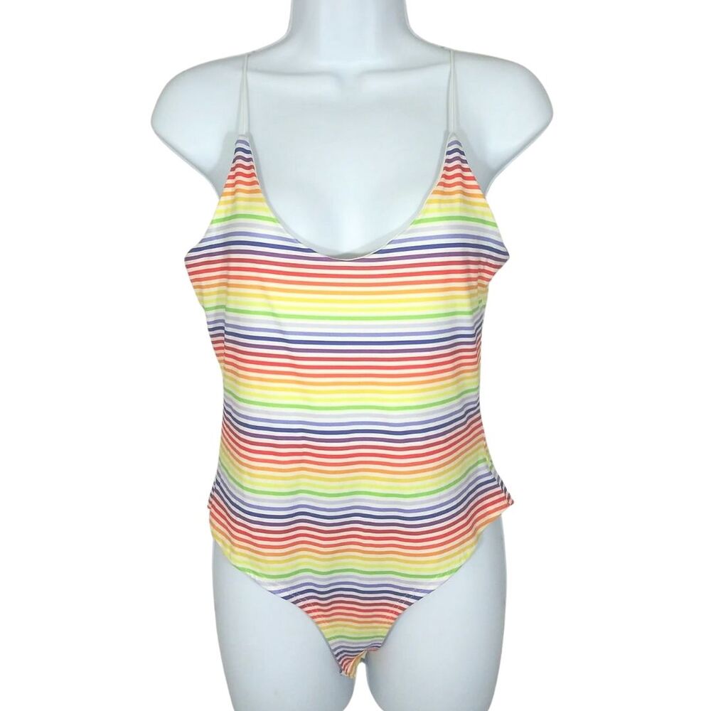 Rainbow Colorful Striped Sleeveless Bodysuit Funky Pride Y2K Sz Medium